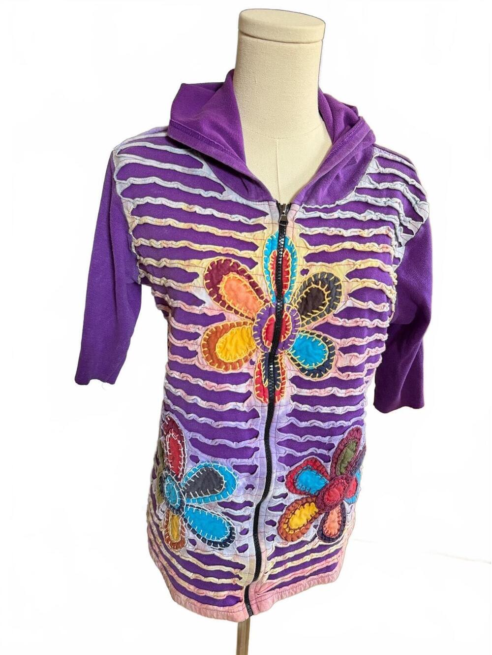 Purple India Boutique Zip-Up Hoodie with Colorful Floral Appliquรฉ